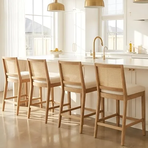 rivova 265 rattan bar stools set of 4 modern linen fabric upholstered counter height bar stools kitchen island barstools with rattan back natural finish wood legs bar chairs beige
