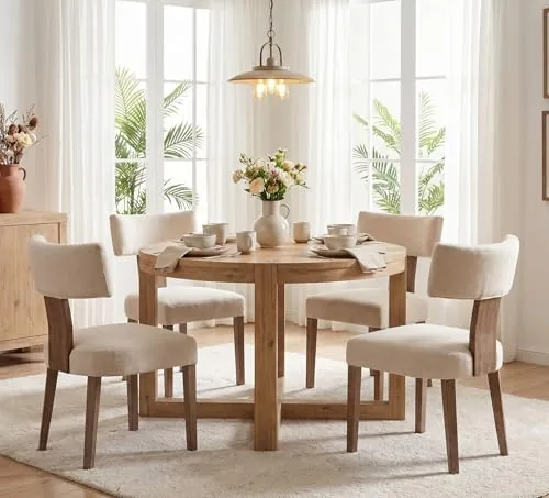 rivova mid century modern dining chairs set of 4 upholstered linen fabric dining chairs curved backrest farmhouse dining room chairs kitchen chairs with wood legs beige